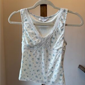 Pink Rose Blue Floral Lace Tank